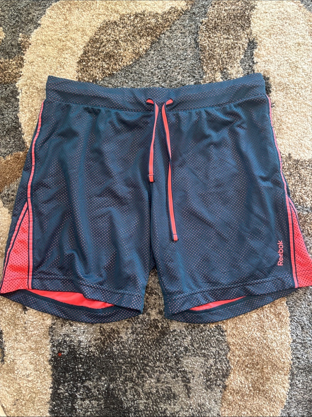 Reebok Men’s Dark Blue Athletic Shorts with Pink Trim